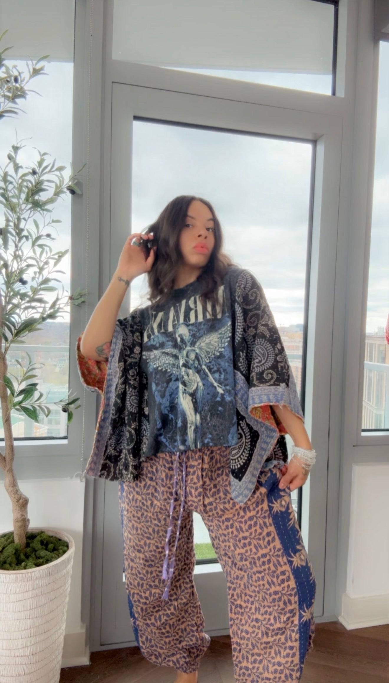 ** Nirvana Cropped Kantha Band Tee Poncho