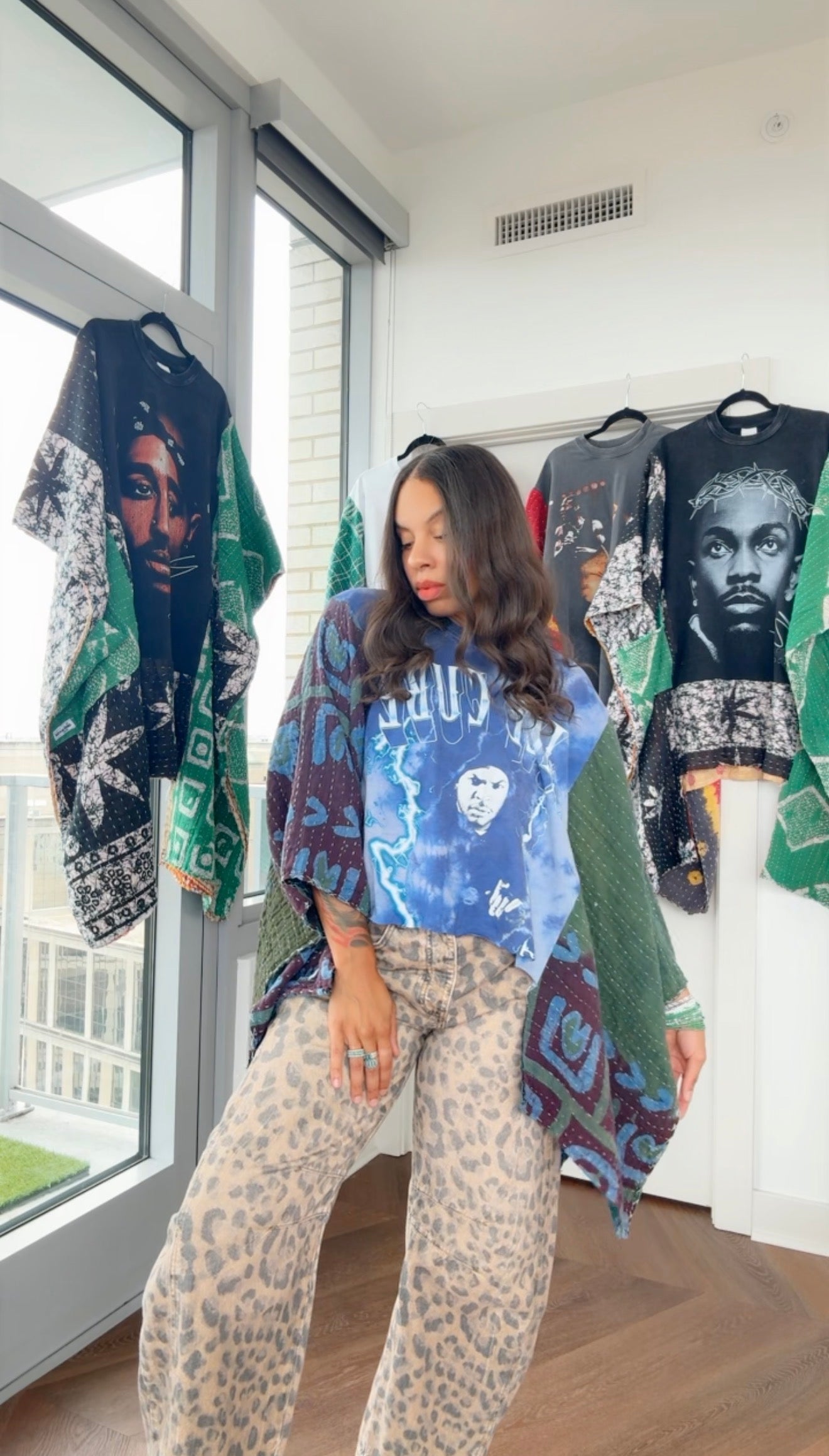 * 7/24 Drop Ice Cube Hand Dyed Kantha Band Tee Poncho (crop)