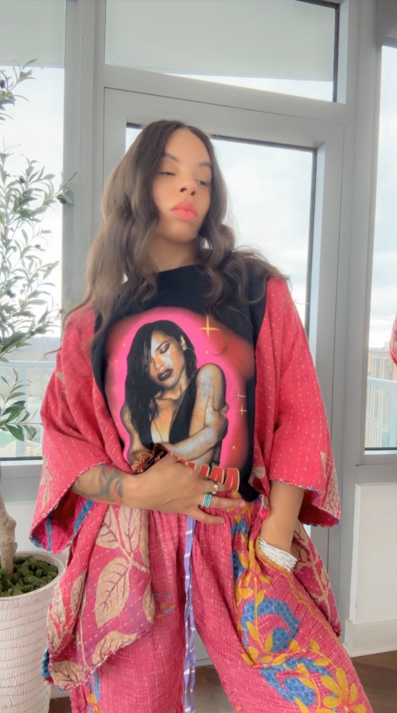 ** Aaliyah Cropped Kantha Band Tee Poncho