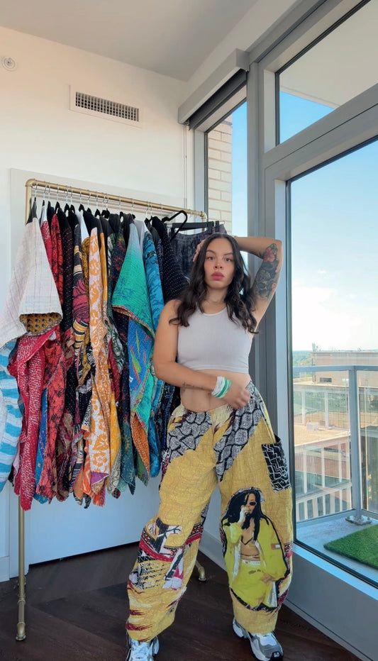 * 10/16 Drop Aaliyah Big Face Kantha Barrel Pants — 5'5" and Under