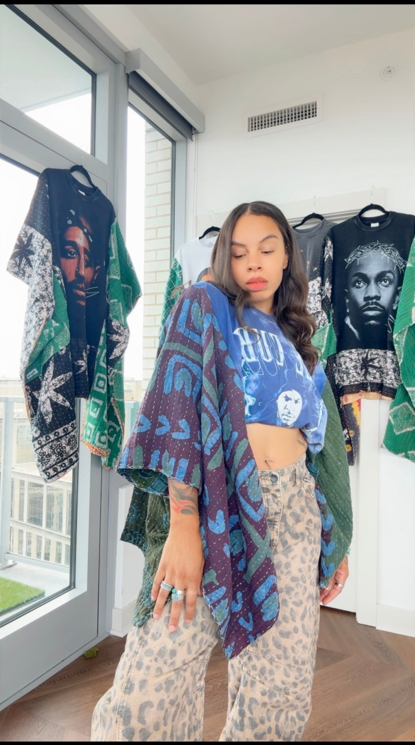 * 7/24 Drop Ice Cube Hand Dyed Kantha Band Tee Poncho (crop)