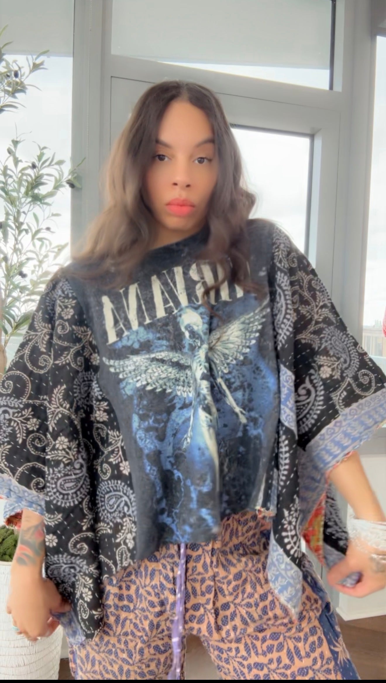 ** Nirvana Cropped Kantha Band Tee Poncho