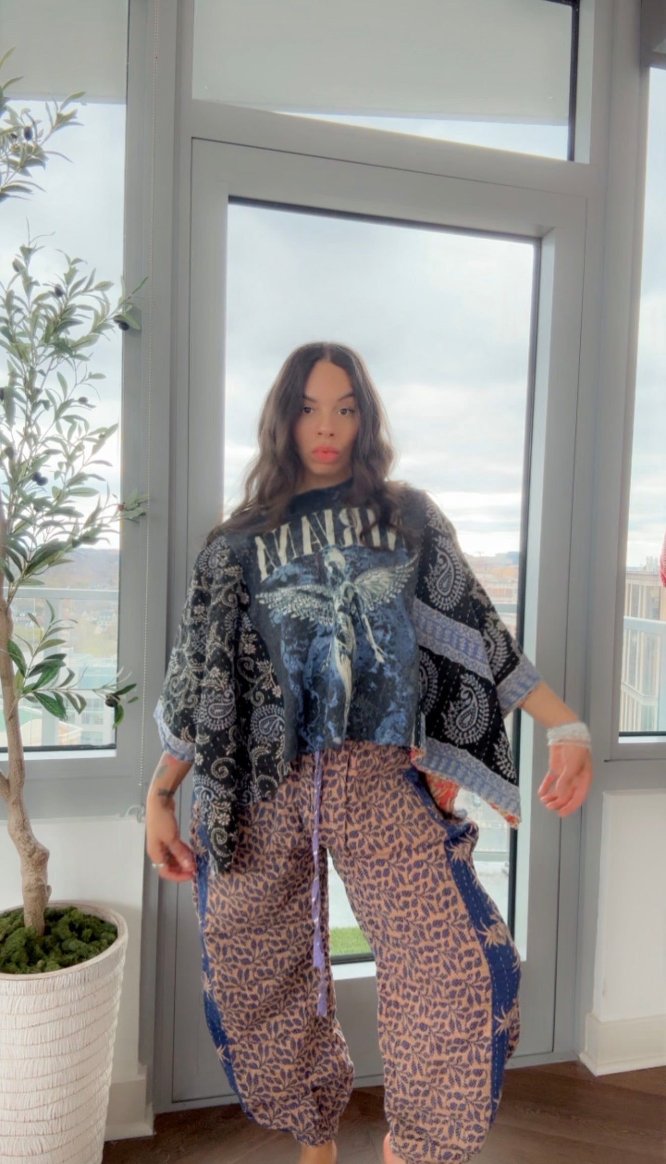 ** Nirvana Cropped Kantha Band Tee Poncho