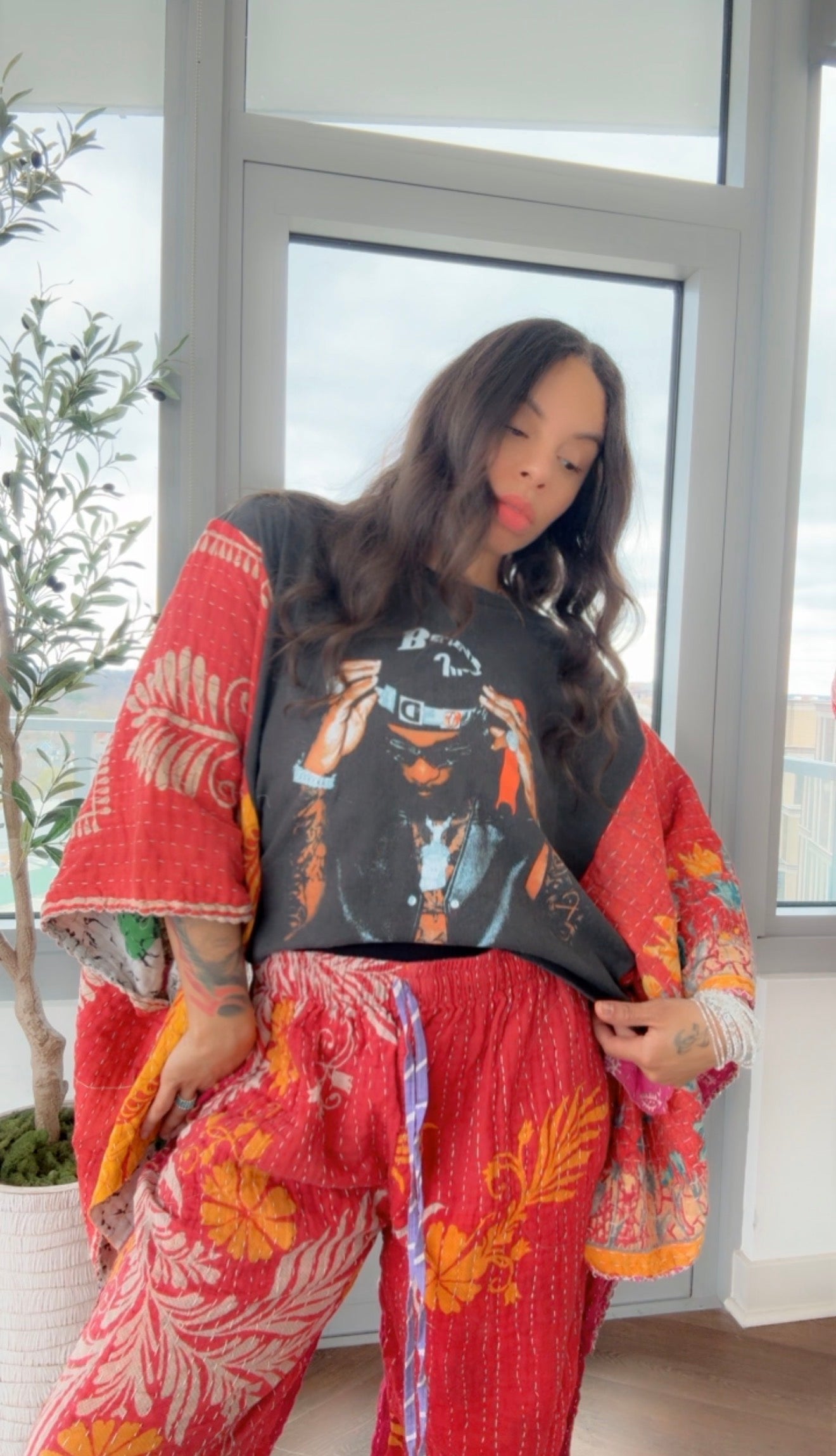 ** Burna Boy Cropped Kantha Band Tee Poncho