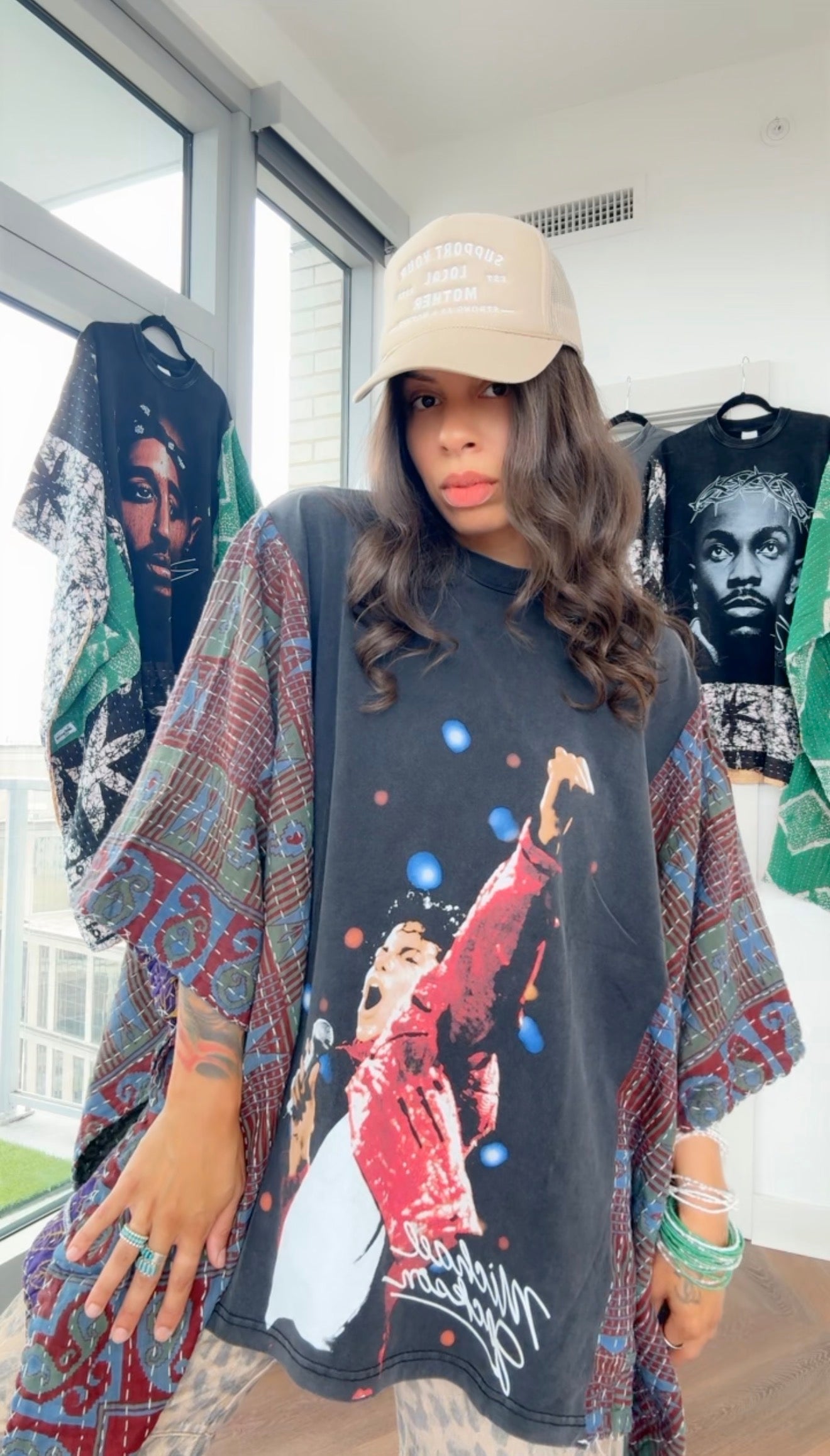* 7/24 Drop Michael Jackson Hand Dyed Kantha Band Tee Poncho (midi)