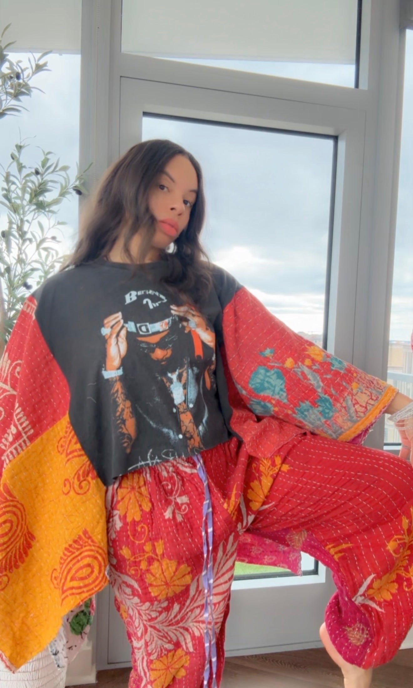 ** Burna Boy Cropped Kantha Band Tee Poncho