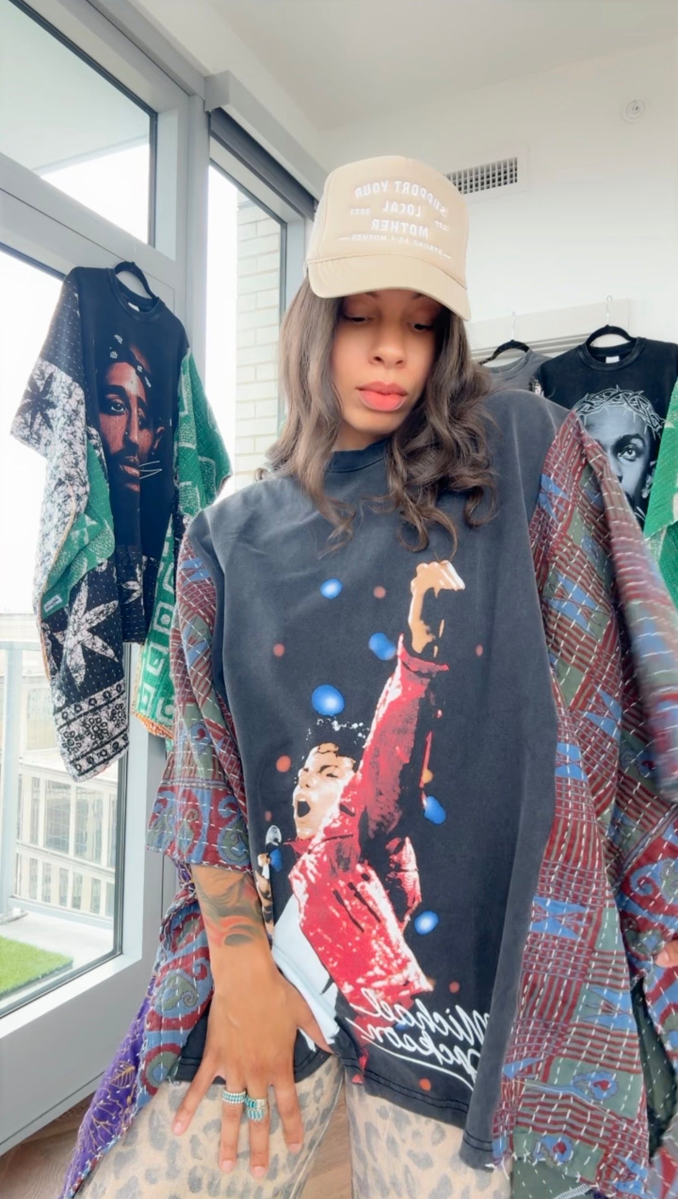 * 7/24 Drop Michael Jackson Hand Dyed Kantha Band Tee Poncho (midi)