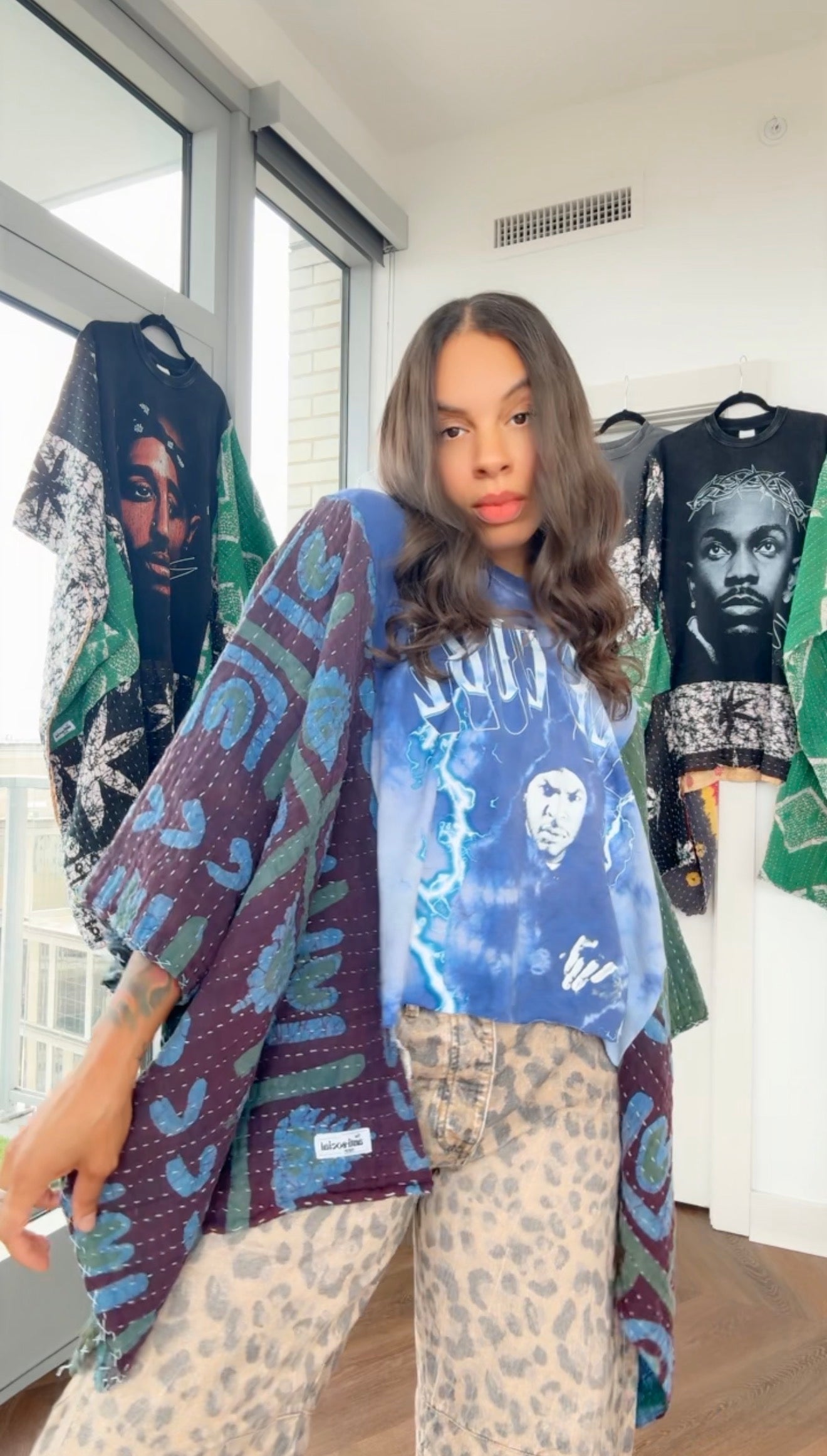 * 7/24 Drop Ice Cube Hand Dyed Kantha Band Tee Poncho (crop)