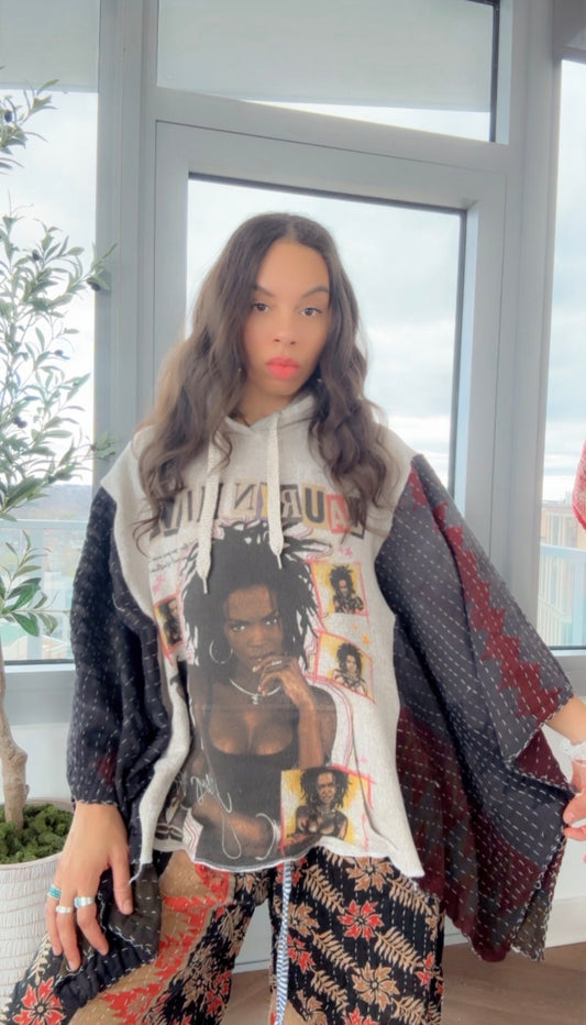 ** Lauryn Hill Hooded (fleece) Hand Dyed Kantha Band Tee Poncho