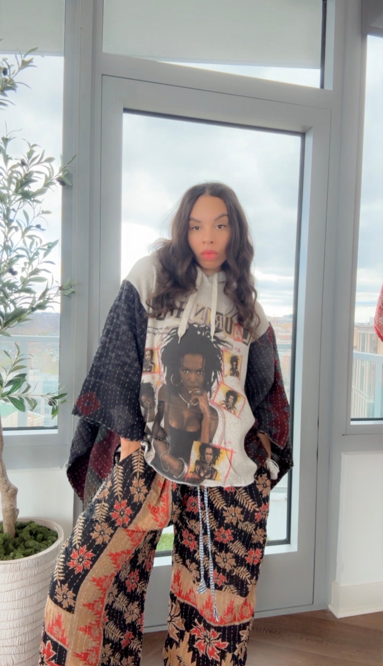 Lauryn Hill Hooded (fleece) Hand Dyed Kantha Band Tee Poncho