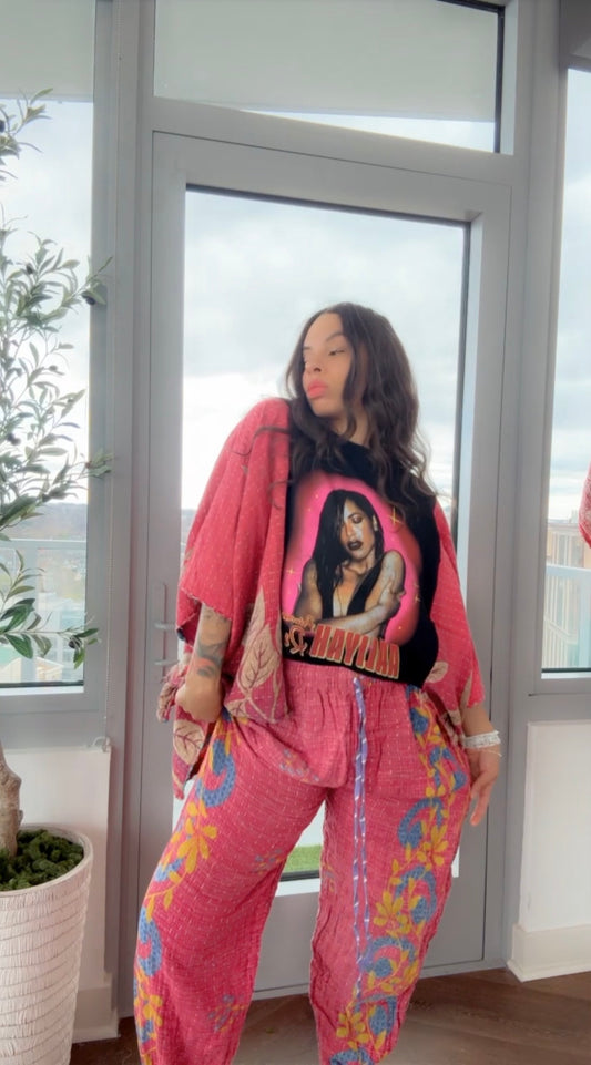 ** Aaliyah Cropped Kantha Band Tee Poncho