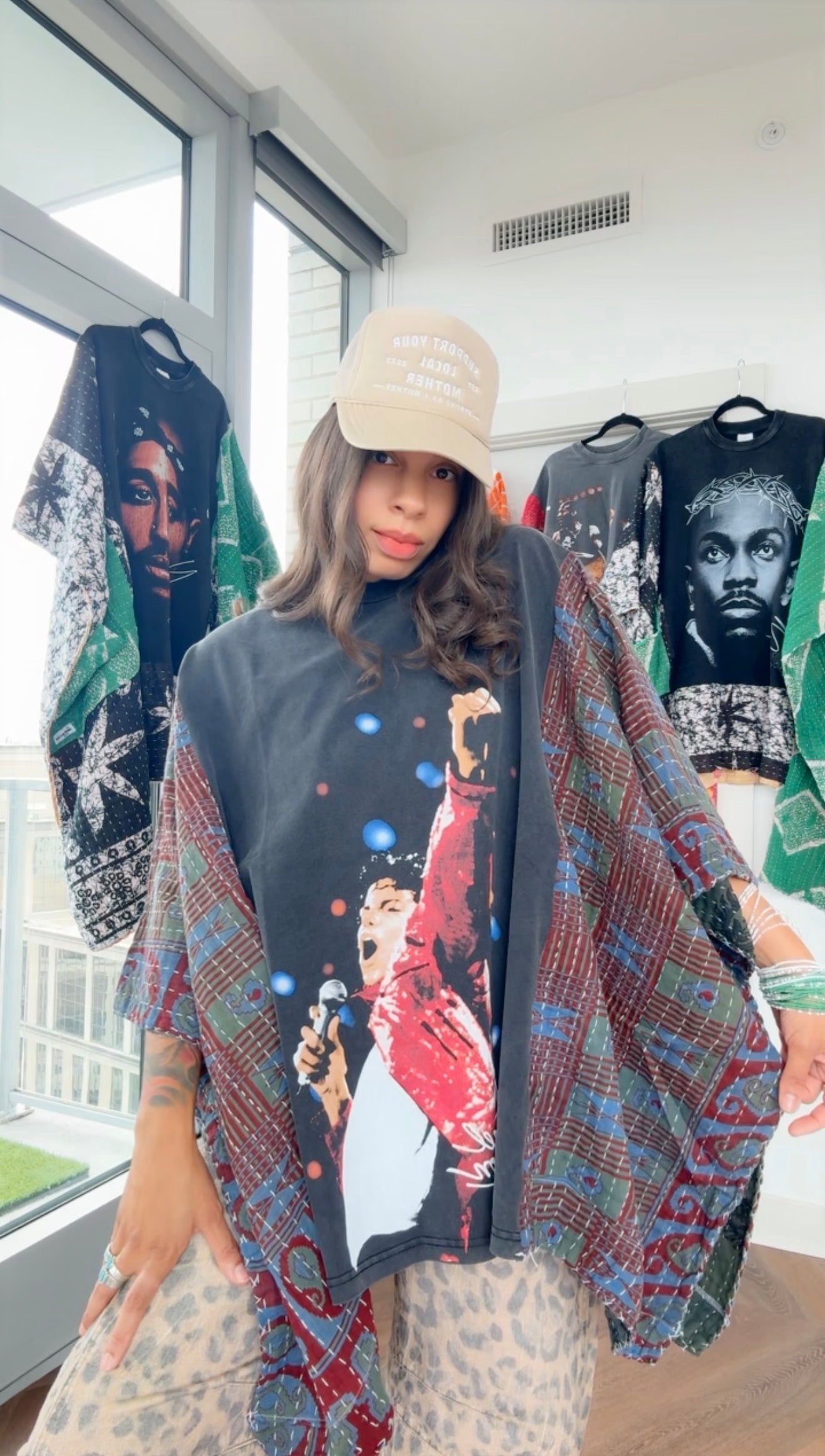 * 7/24 Drop Michael Jackson Hand Dyed Kantha Band Tee Poncho (midi)