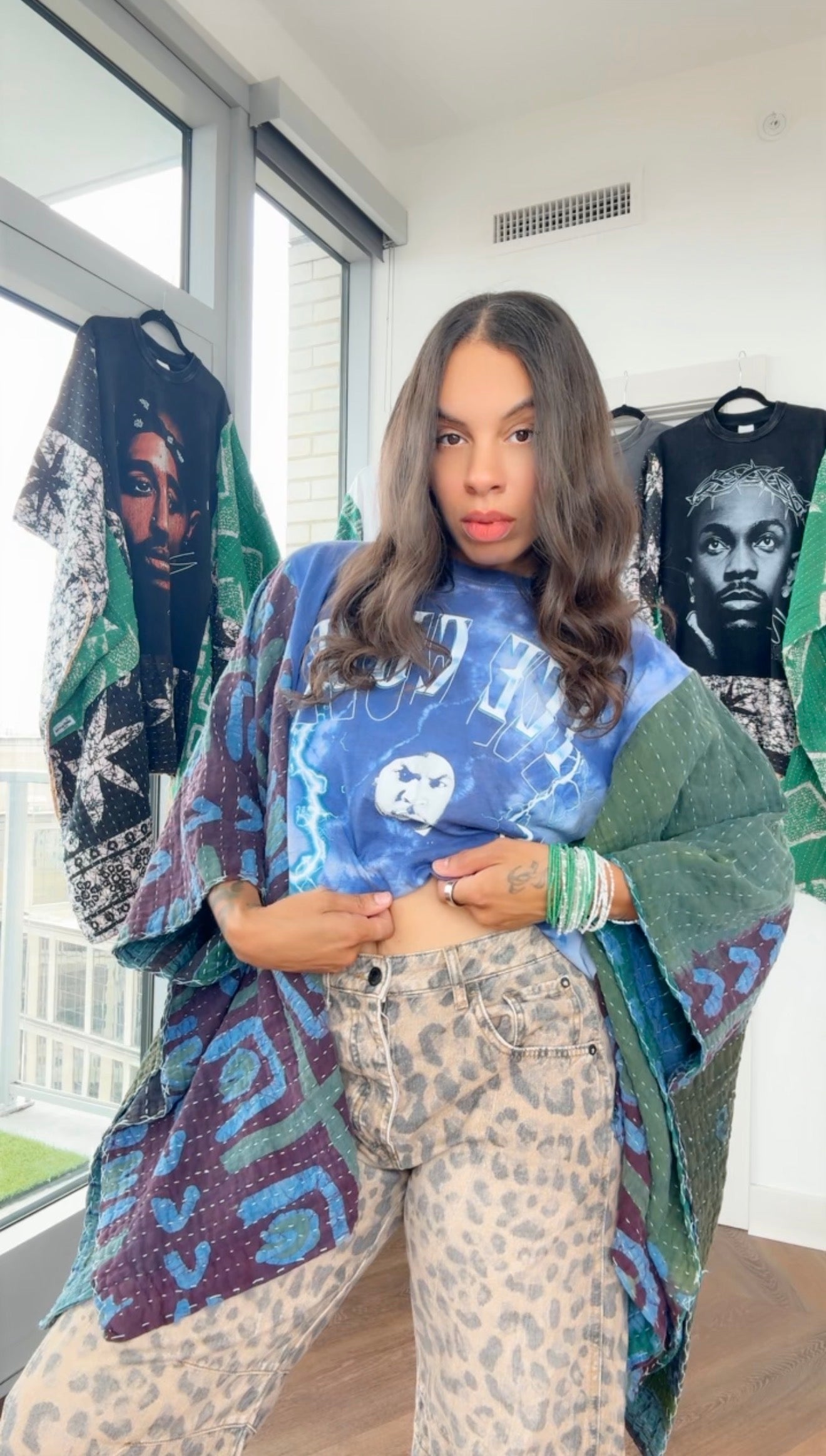 * 7/24 Drop Ice Cube Hand Dyed Kantha Band Tee Poncho (crop)