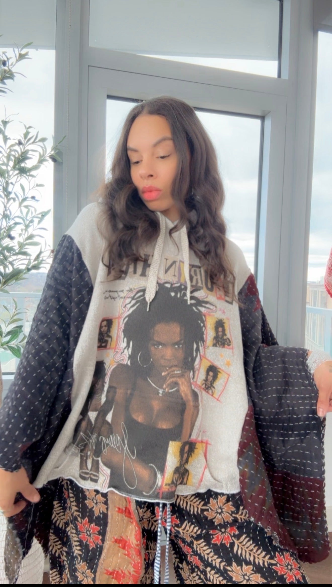 Lauryn Hill Hooded (fleece) Hand Dyed Kantha Band Tee Poncho