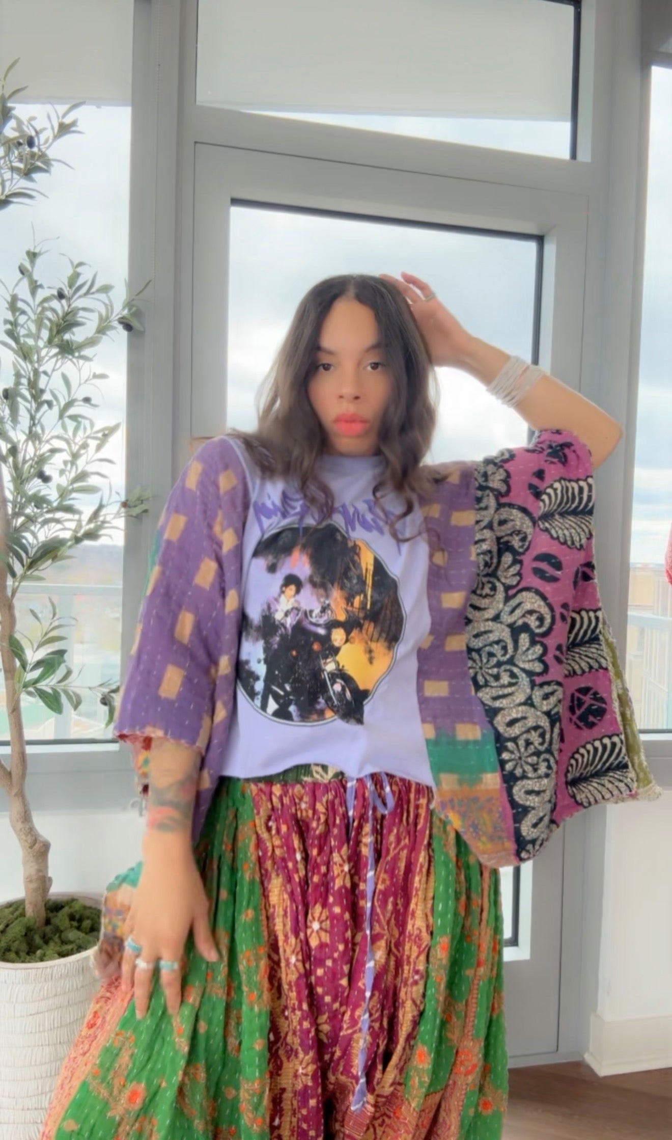 ** Prince Cropped Kantha Band Tee Poncho