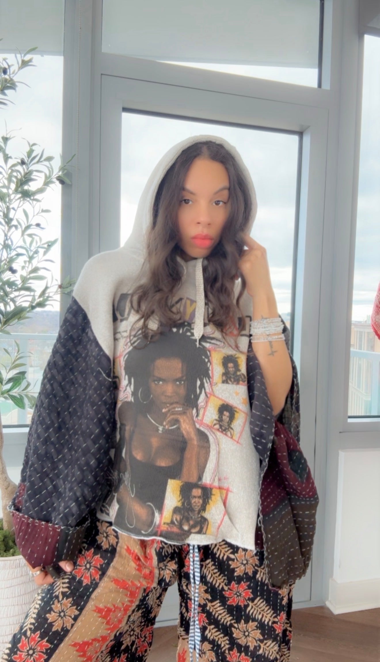 Lauryn Hill Hooded (fleece) Hand Dyed Kantha Band Tee Poncho