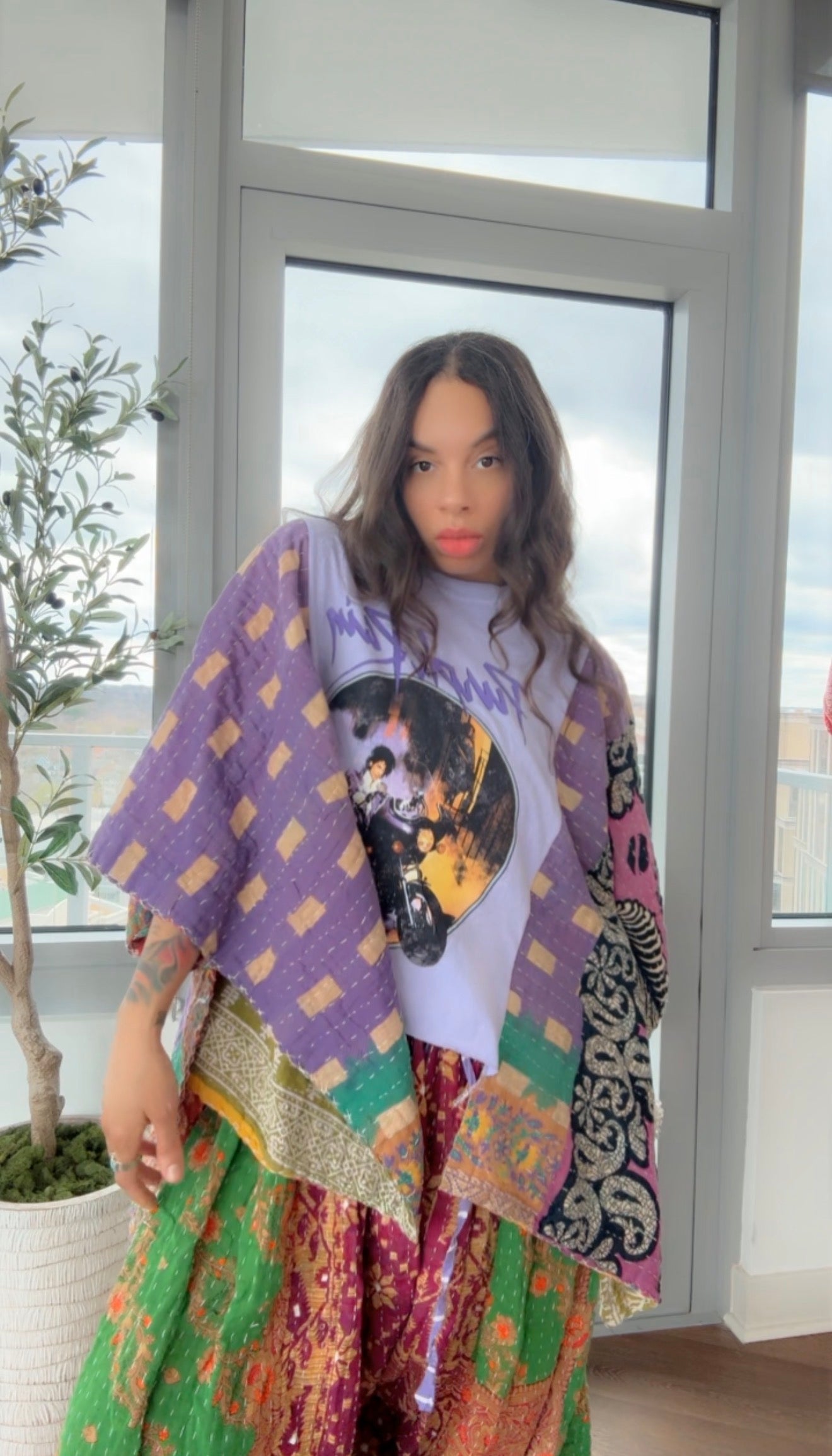 ** Prince Cropped Kantha Band Tee Poncho