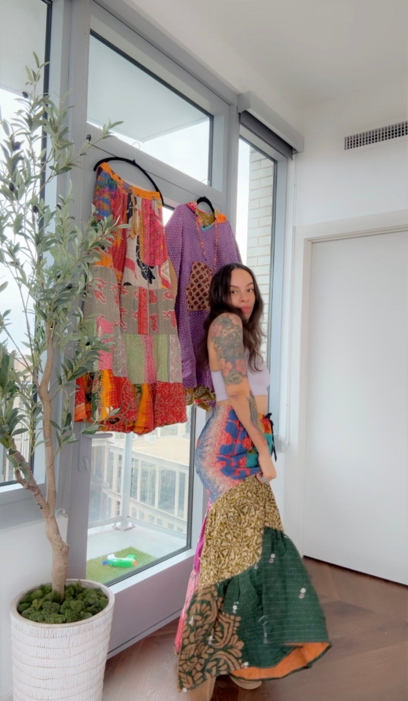 ** Three Tiered Reversible Kantha Wide Leg Pant